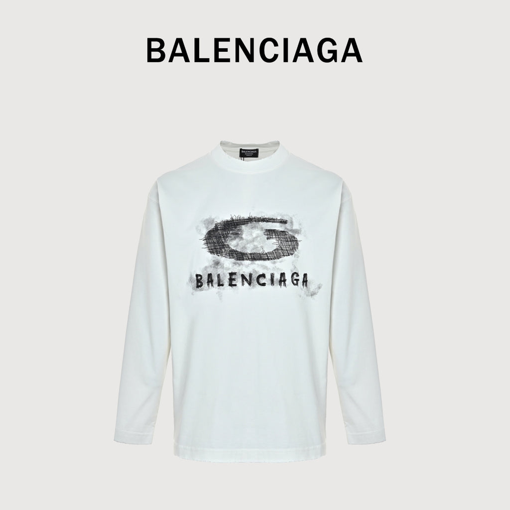 Balenciaga Cutwork-Embroidered Ink-Splatter Long-Sleeve T-Shirt | White