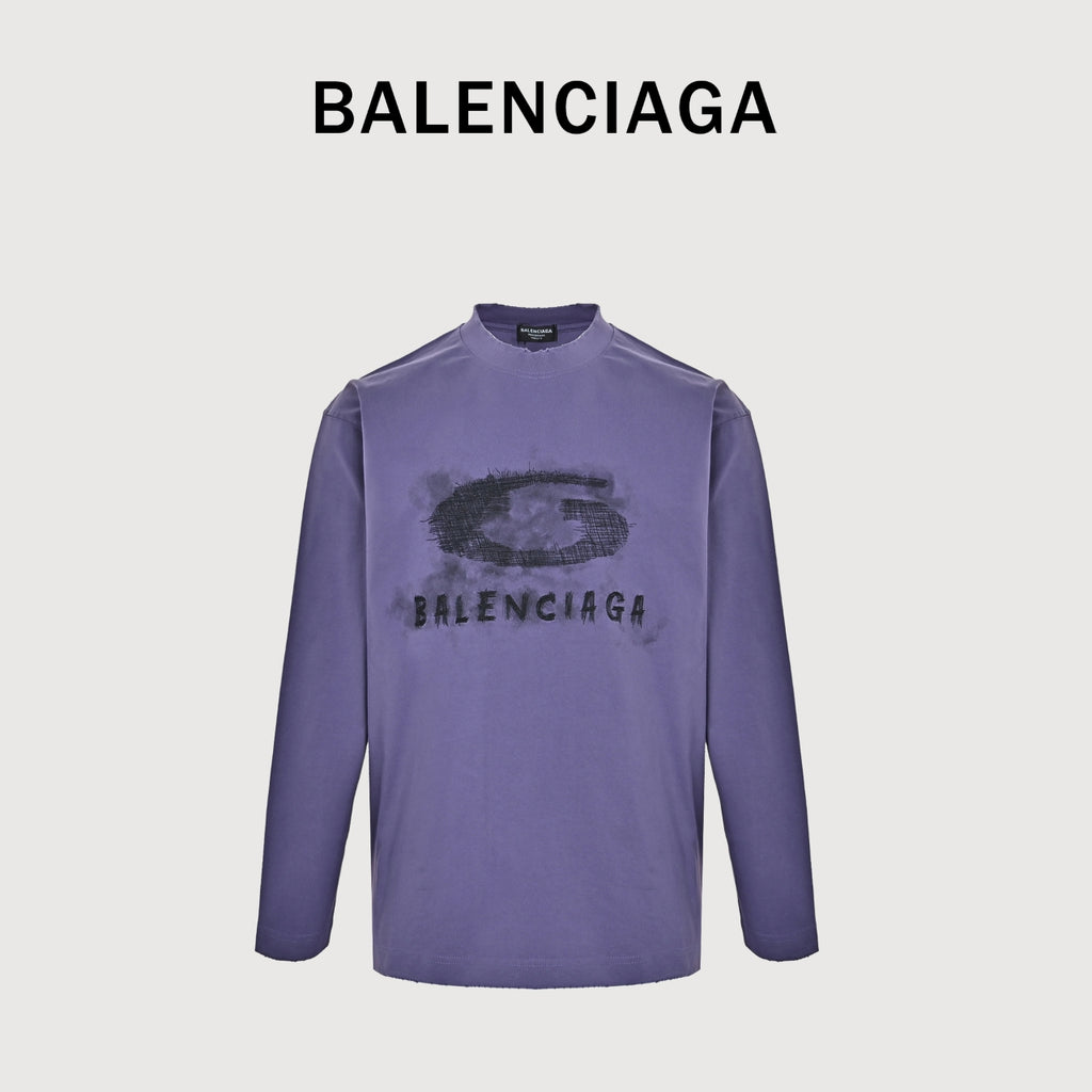 Balenciaga Cutwork-Embroidered Ink-Splatter Long-Sleeve T-Shirt | Purple
