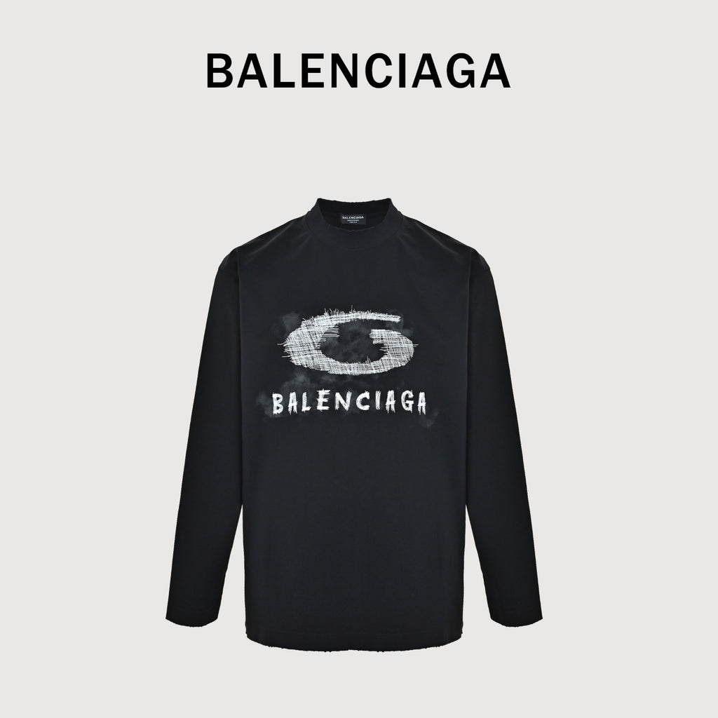 Balenciaga Cutwork-Embroidered Ink-Splatter Long-Sleeve T-Shirt | Black