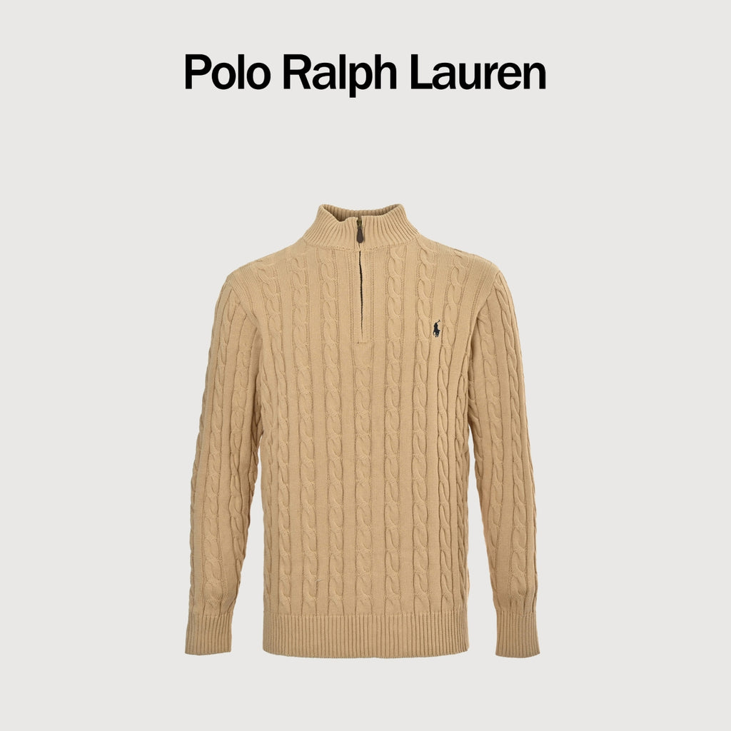 Ralph Lauren Pony-Logo Cable-Knit Half-Zip Sweater | Camel