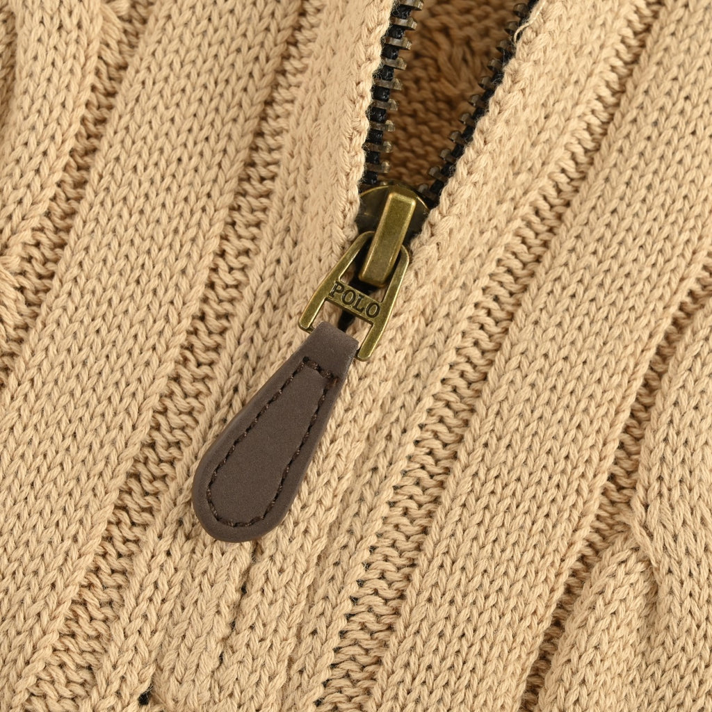 Ralph Lauren Pony-Logo Cable-Knit Half-Zip Sweater | Camel