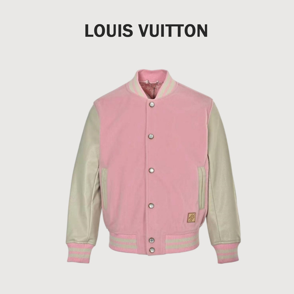 Louis Vuitton Back-Lettering Monogram-Lined Varsity Jacket | Pink & Beige