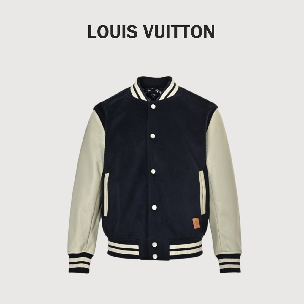 Louis Vuitton Back-Lettering Monogram-Lined Varsity Jacket | Dark Navy & Beige