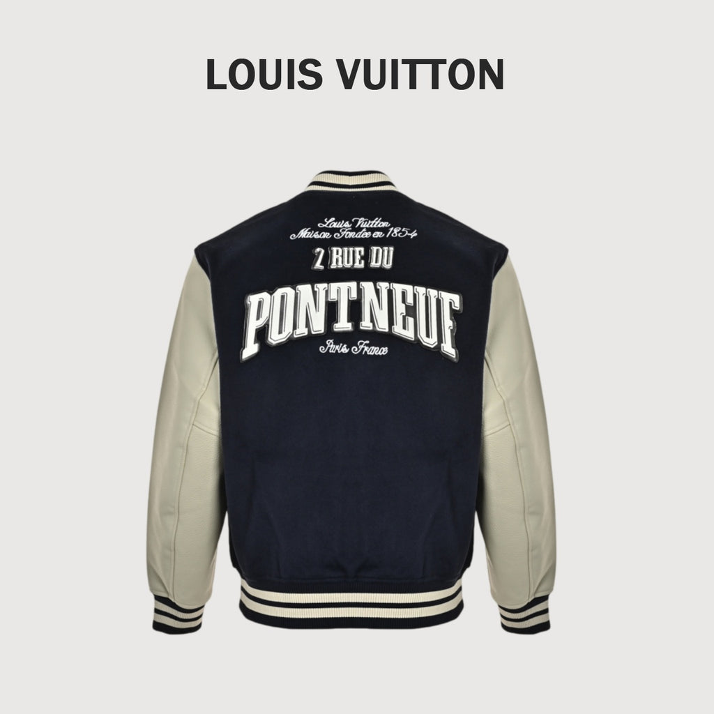 Louis Vuitton Back-Lettering Monogram-Lined Varsity Jacket | Dark Navy & Beige