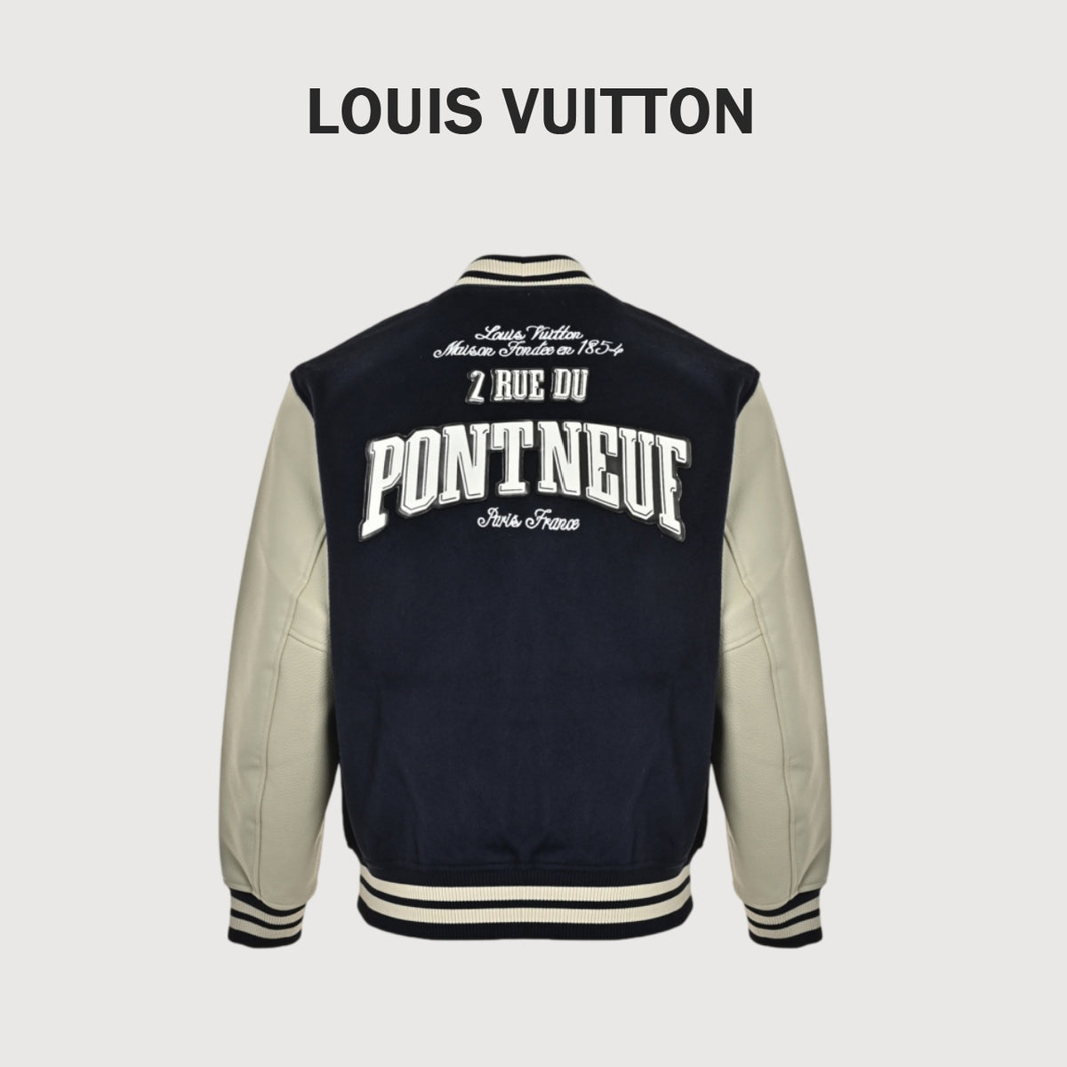 Louis Vuitton Back-Lettering Monogram-Lined Varsity Jacket | Dark Navy & Beige