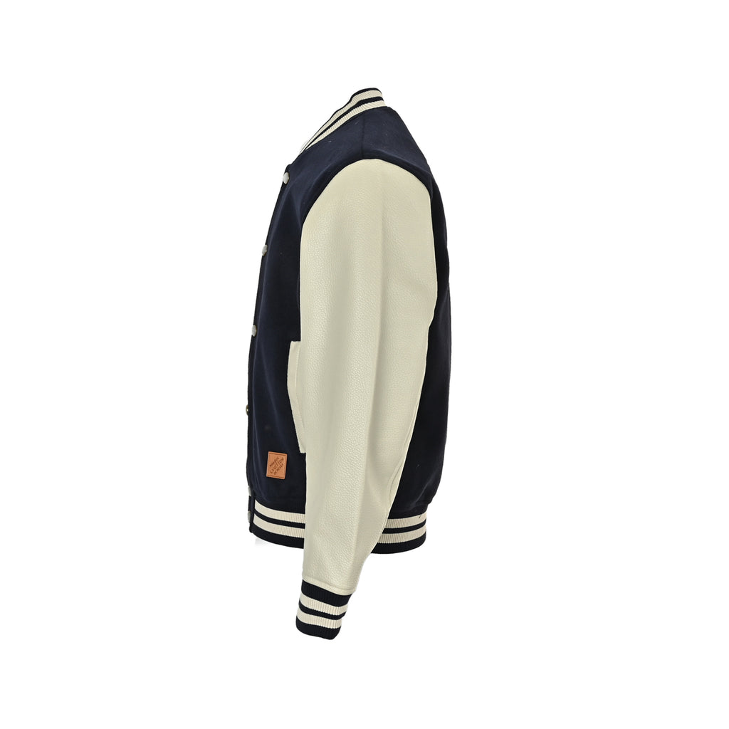 Louis Vuitton Back-Lettering Monogram-Lined Varsity Jacket | Dark Navy & Beige