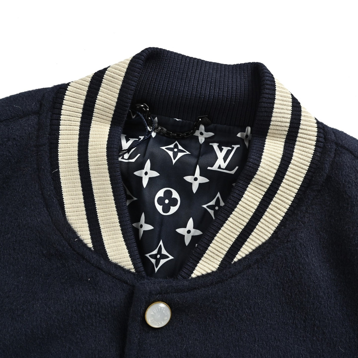 Louis Vuitton Back-Lettering Monogram-Lined Varsity Jacket | Dark Navy & Beige