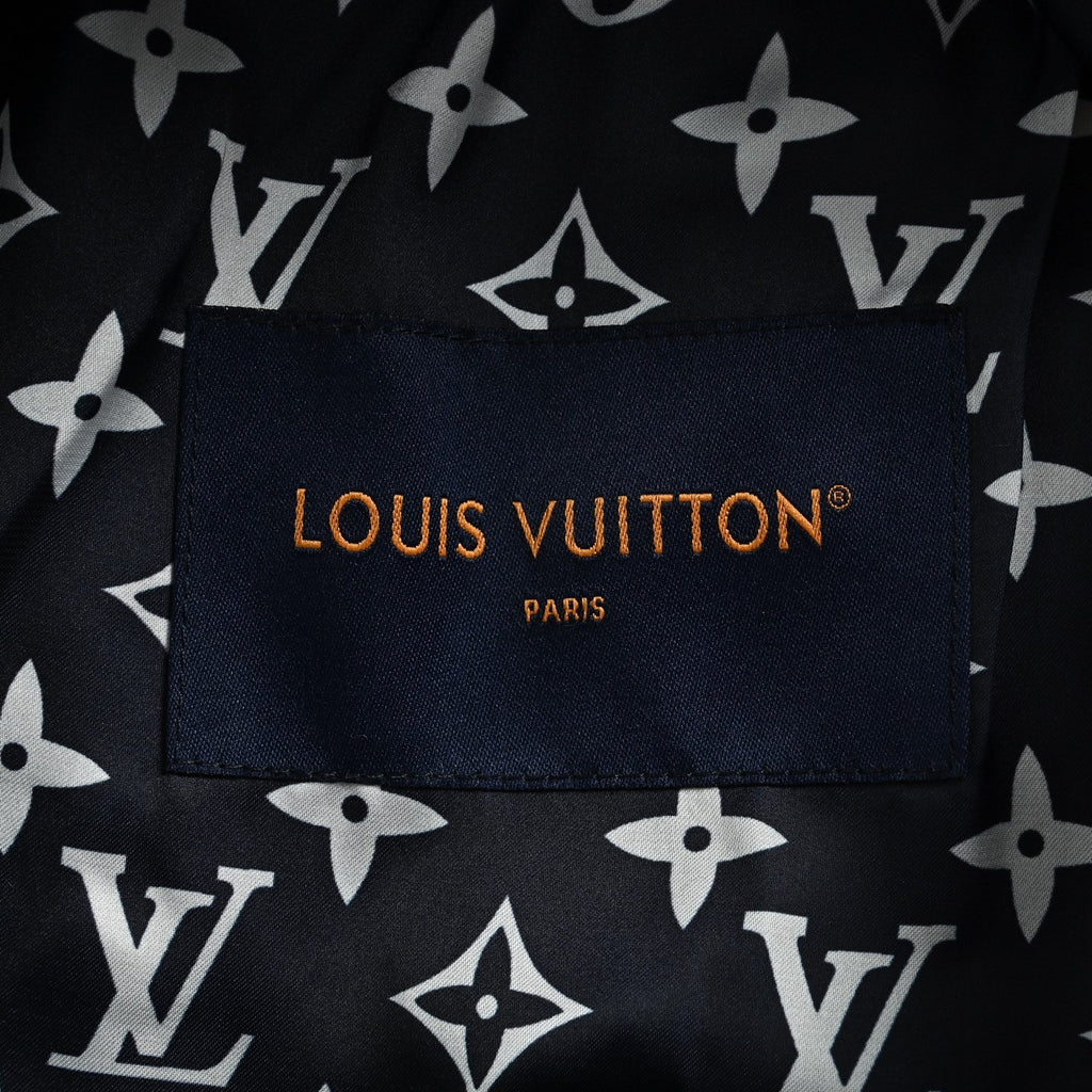 Louis Vuitton Back-Lettering Monogram-Lined Varsity Jacket | Dark Navy & Beige