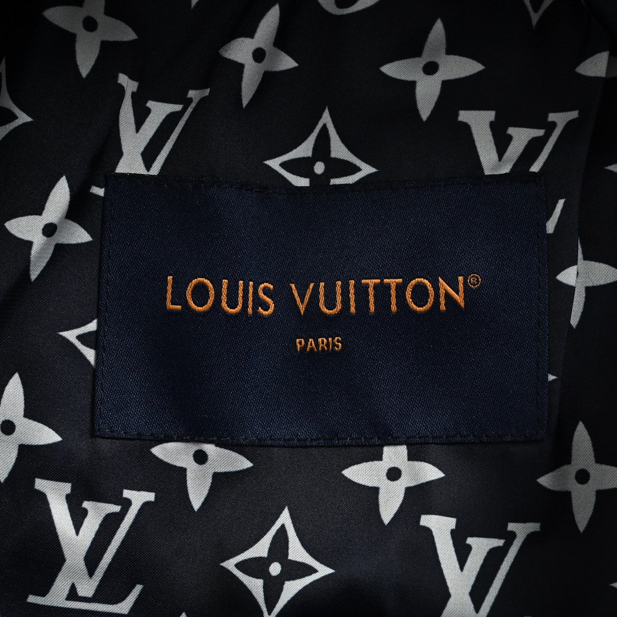 Louis Vuitton Back-Lettering Monogram-Lined Varsity Jacket | Dark Navy & Beige