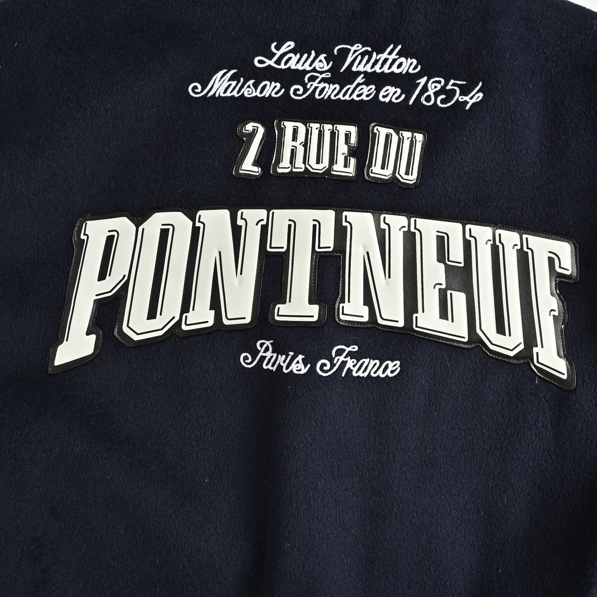 Louis Vuitton Back-Lettering Monogram-Lined Varsity Jacket | Dark Navy & Beige