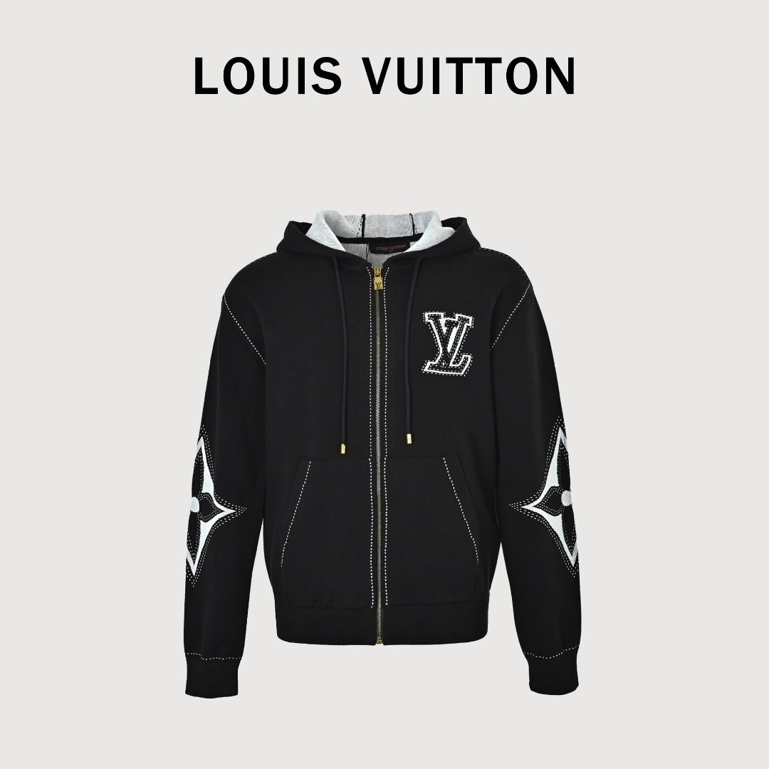 Louis Vuitton LV Intarsia-Jacquard Logo Cotton-Blend Zip-Up Hooded Jacket | Black