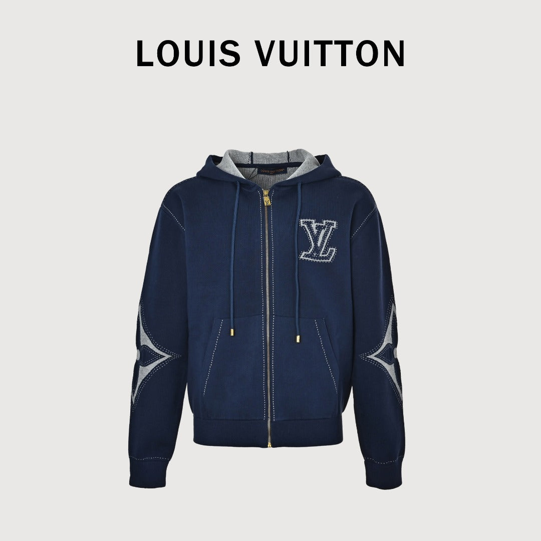 Louis Vuitton LV Intarsia-Jacquard Logo Cotton-Blend Zip-Up Hooded Jacket | Navy