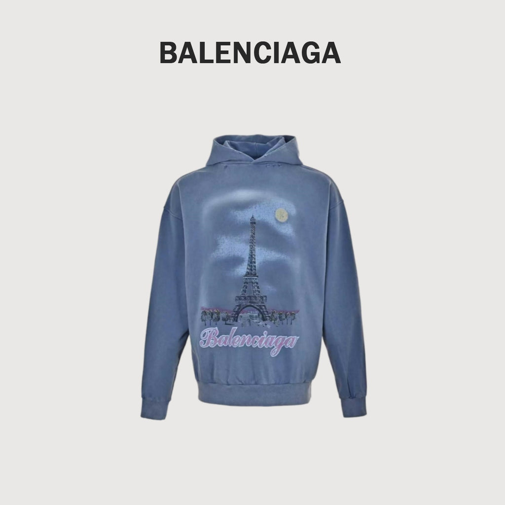 Balenciaga Washed Eiffel Tower Graphic Hoodie | Blue