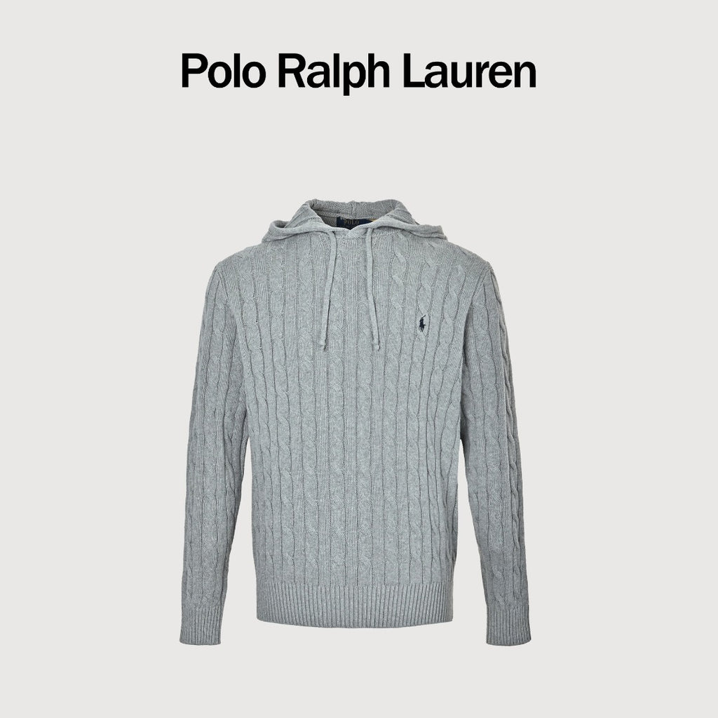 Ralph Lauren Pony-Logo Cable-Knit Hooded Sweater | Light Grey