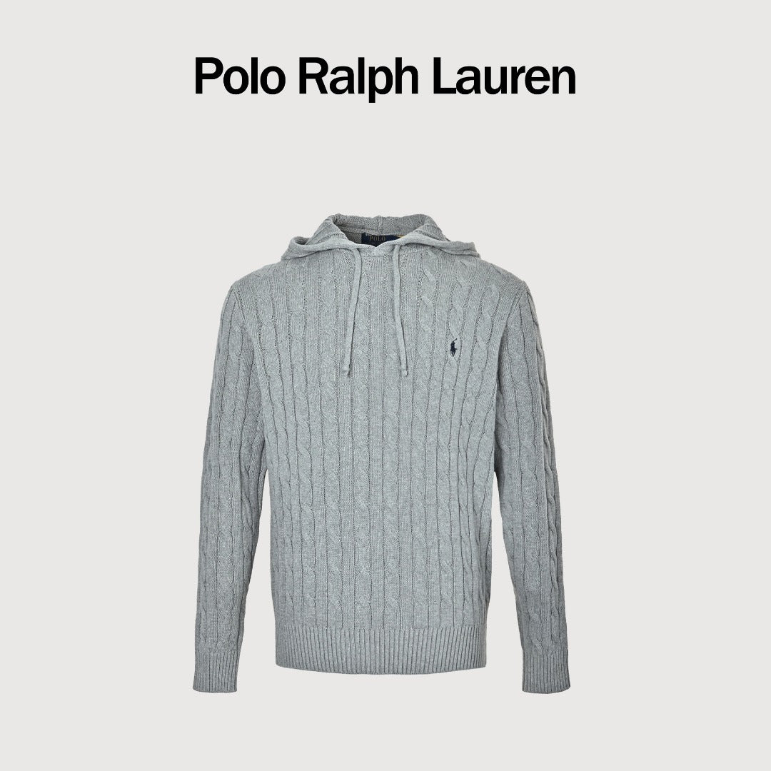 Ralph Lauren Pony-Logo Cable-Knit Hooded Sweater | Light Grey