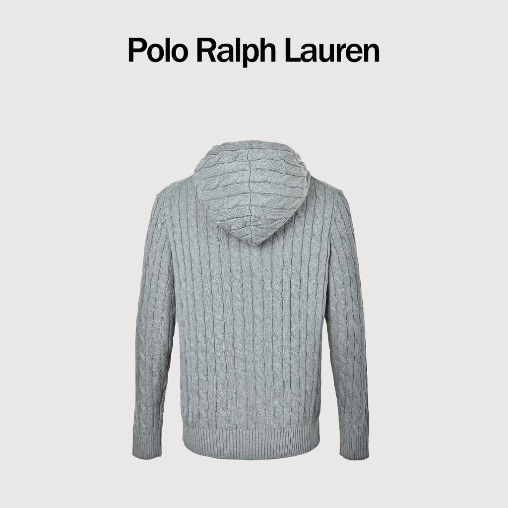 Ralph Lauren Pony-Logo Cable-Knit Hooded Sweater | Light Grey