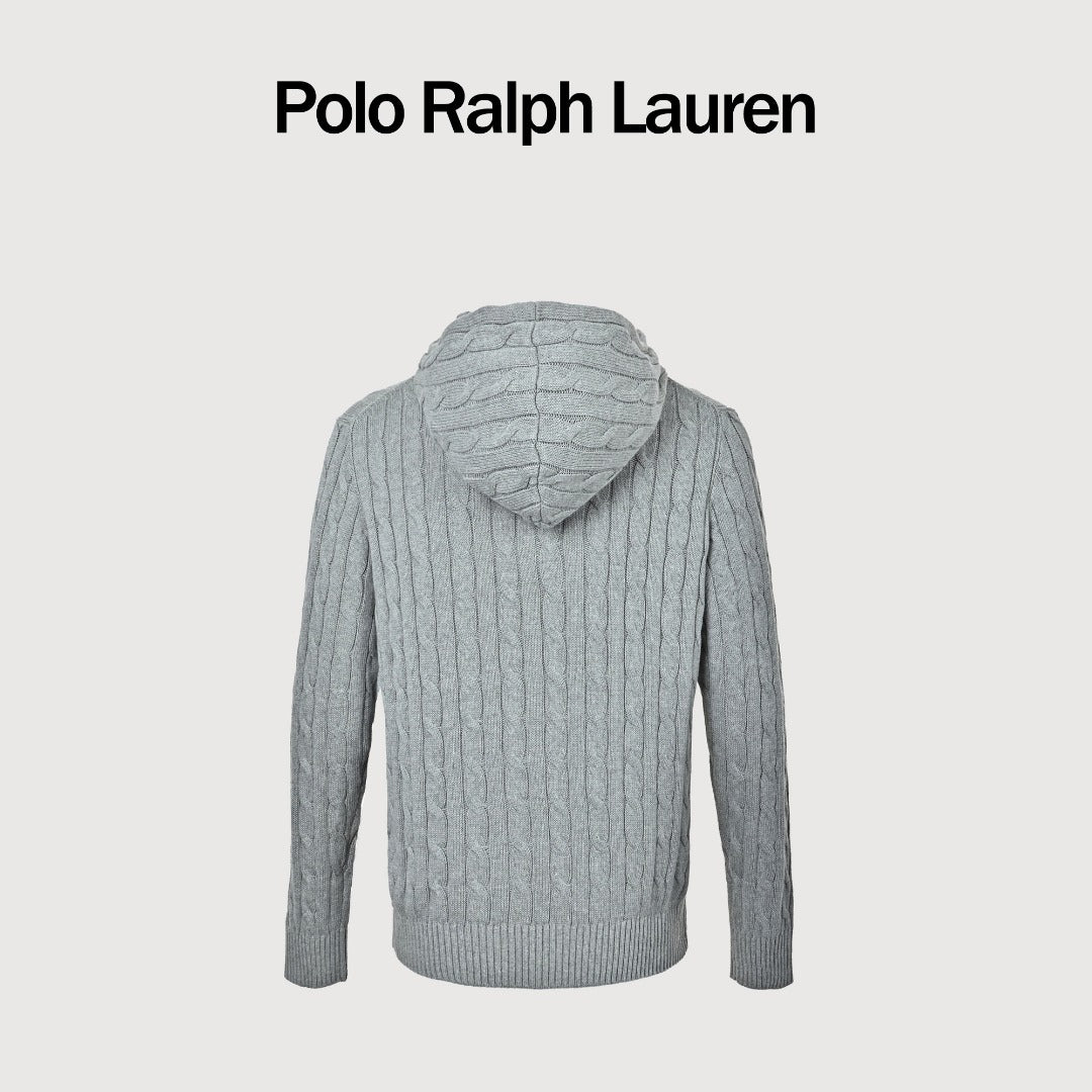 Ralph Lauren Pony-Logo Cable-Knit Hooded Sweater | Light Grey