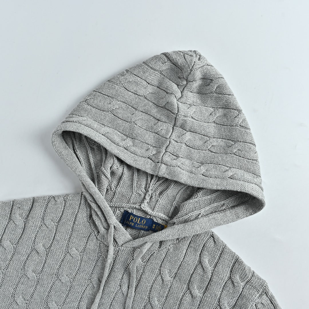 Ralph Lauren Pony-Logo Cable-Knit Hooded Sweater | Light Grey