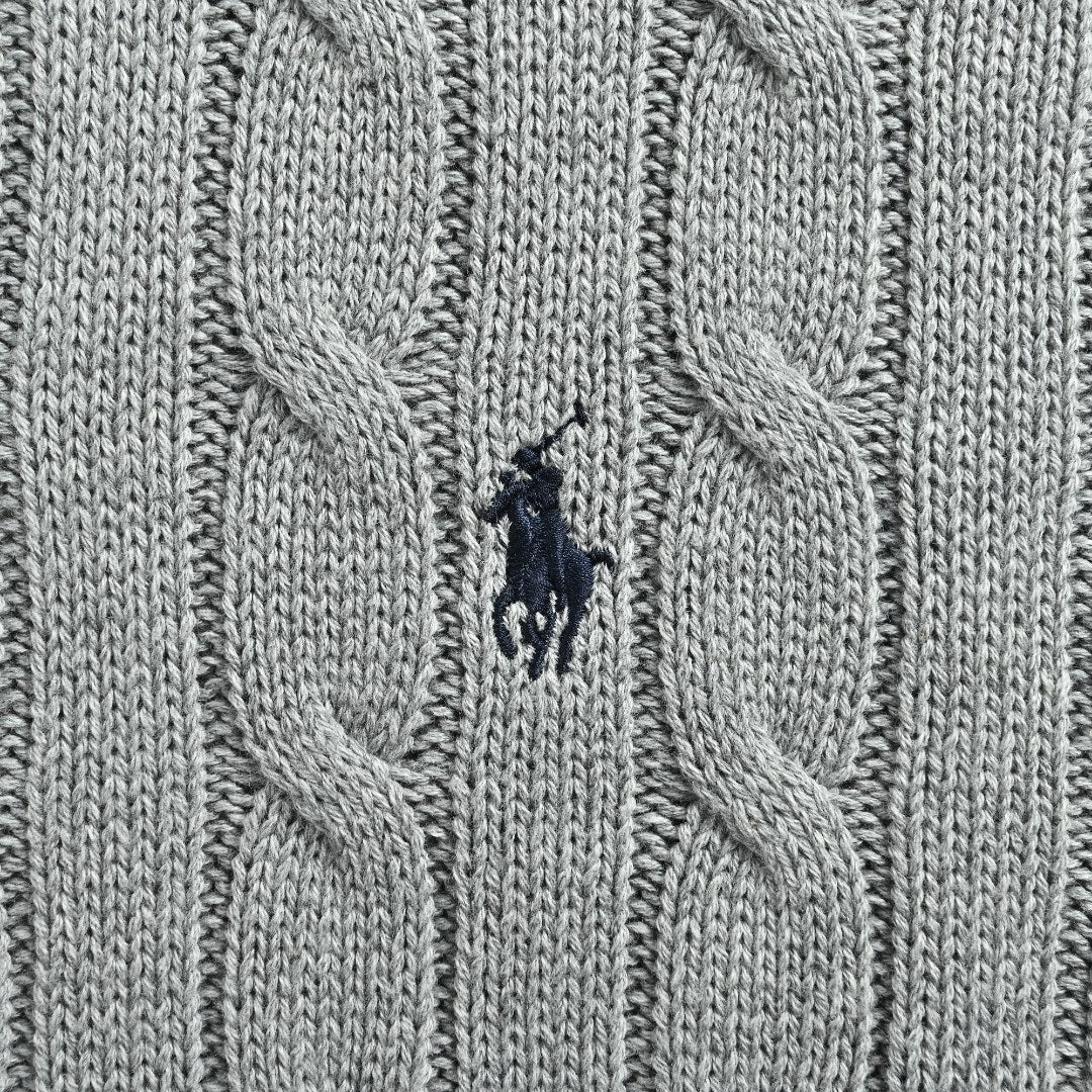 Ralph Lauren Pony-Logo Cable-Knit Hooded Sweater | Light Grey
