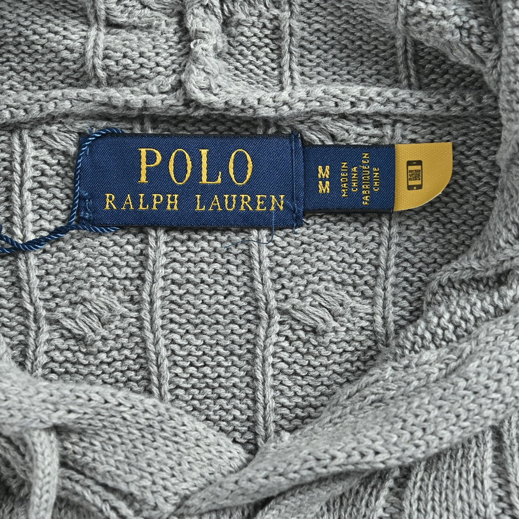 Ralph Lauren Pony-Logo Cable-Knit Hooded Sweater | Light Grey