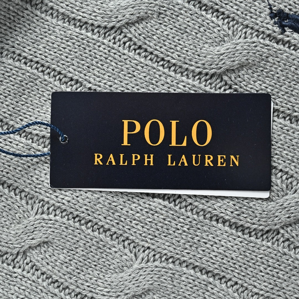 Ralph Lauren Pony-Logo Cable-Knit Hooded Sweater | Light Grey