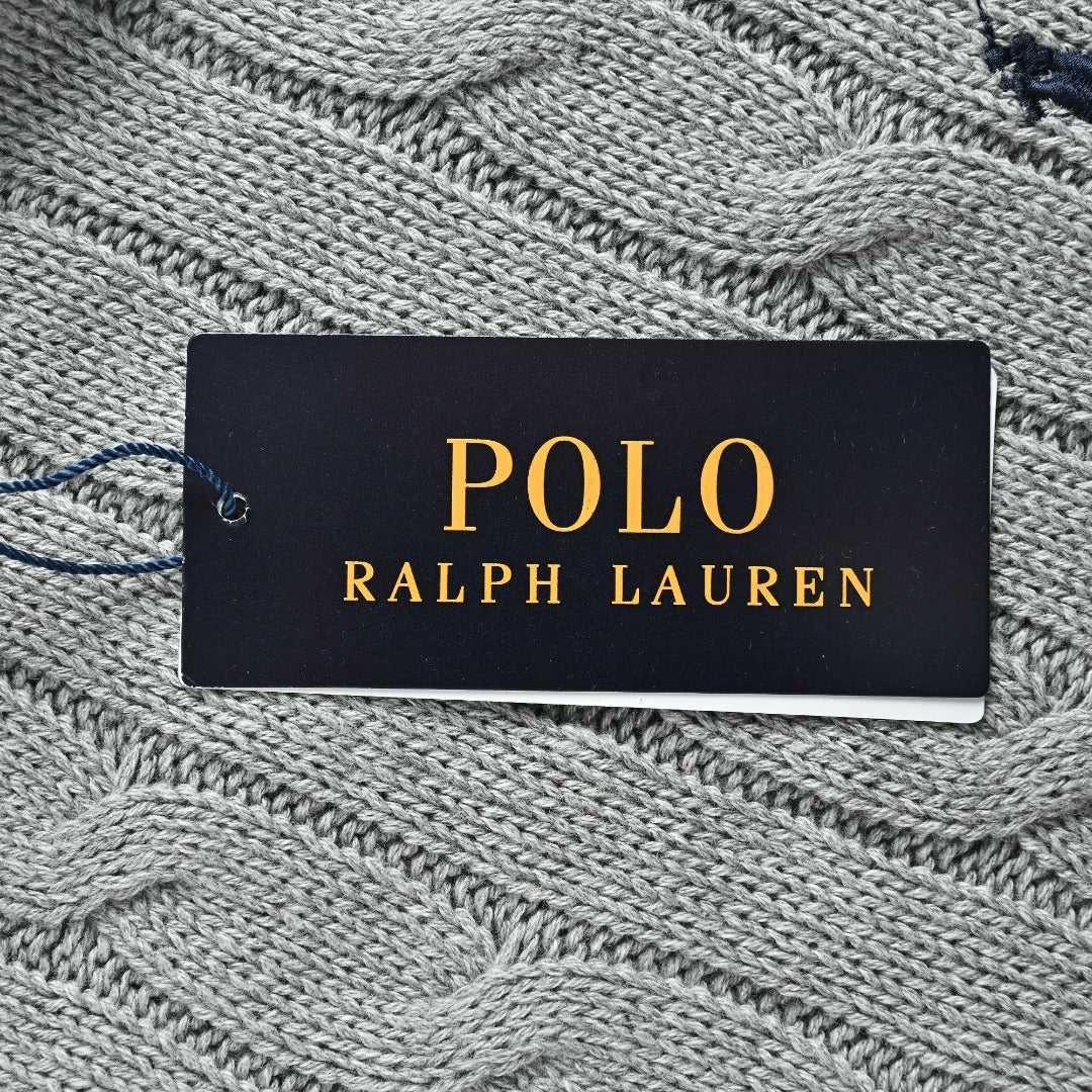 Ralph Lauren Pony-Logo Cable-Knit Hooded Sweater | Light Grey