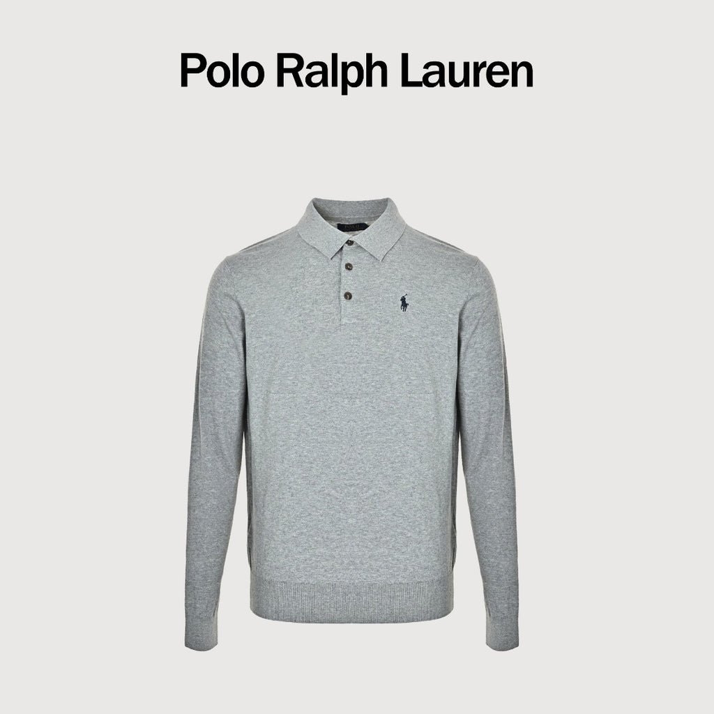 Polo Ralph Lauren Pony-Logo Fine-Knit Long-Sleeve Polo Shirt | Light Grey