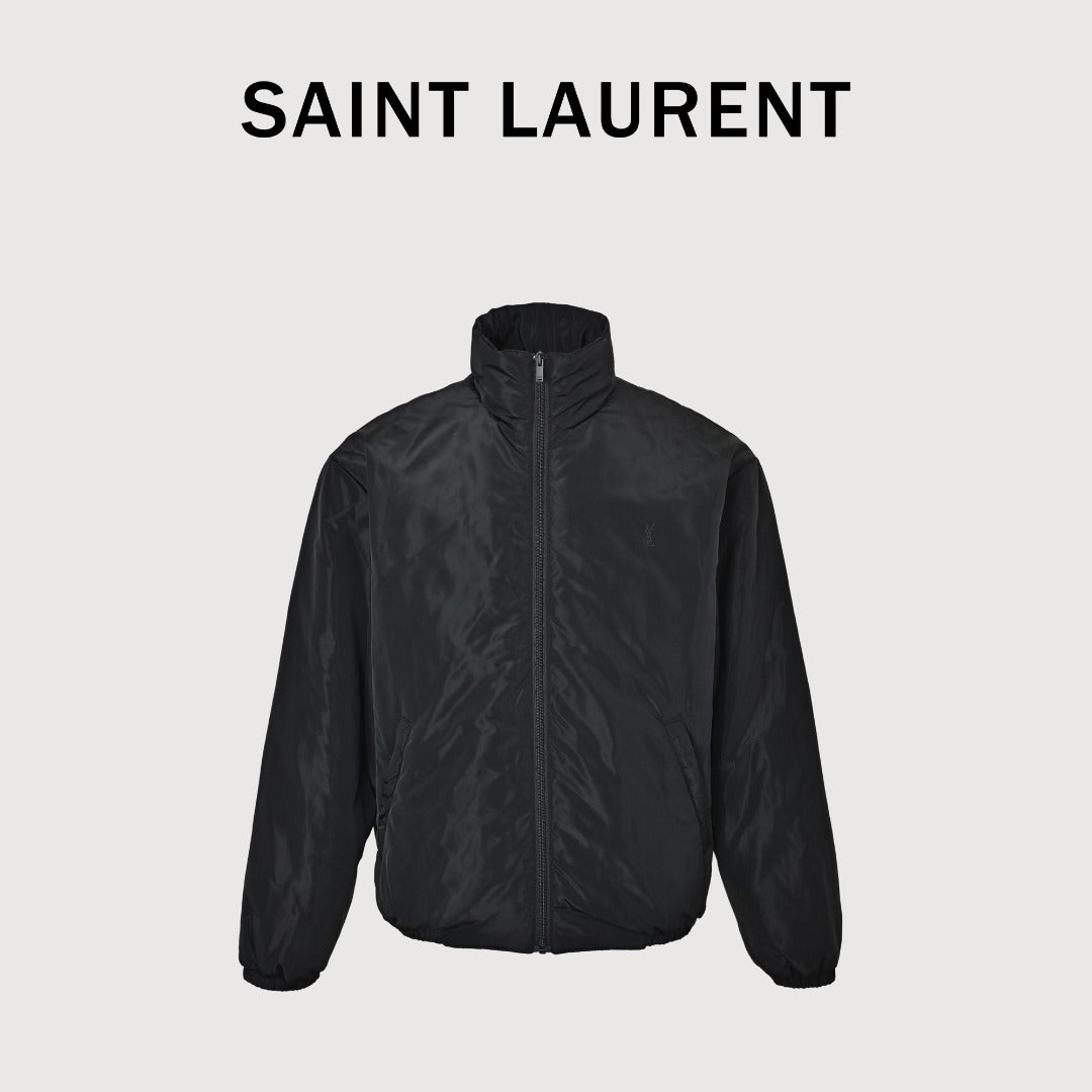 Saint Laurent Letter-Embroidered Stand-Collar Padded Jacket | Black