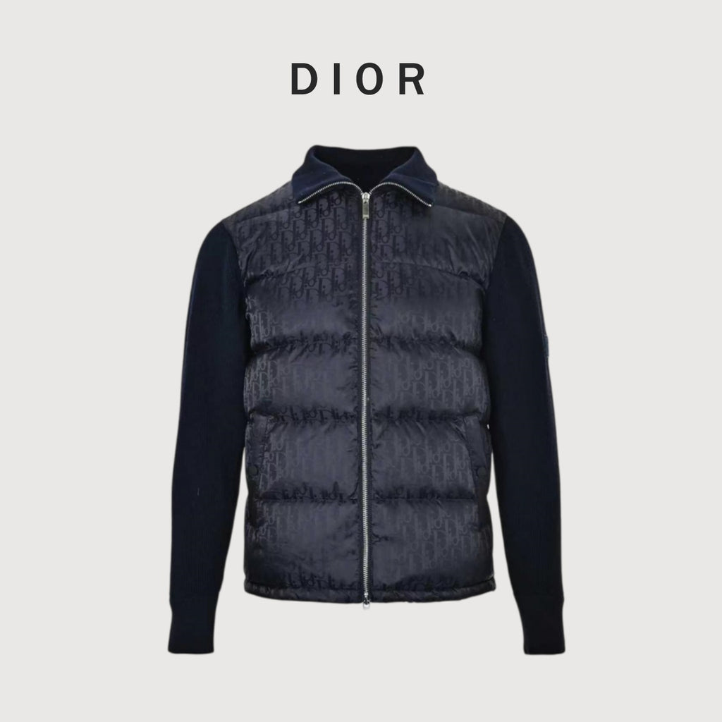 Dior Monogram Knit-Panel Stand-Collar Down Jacket