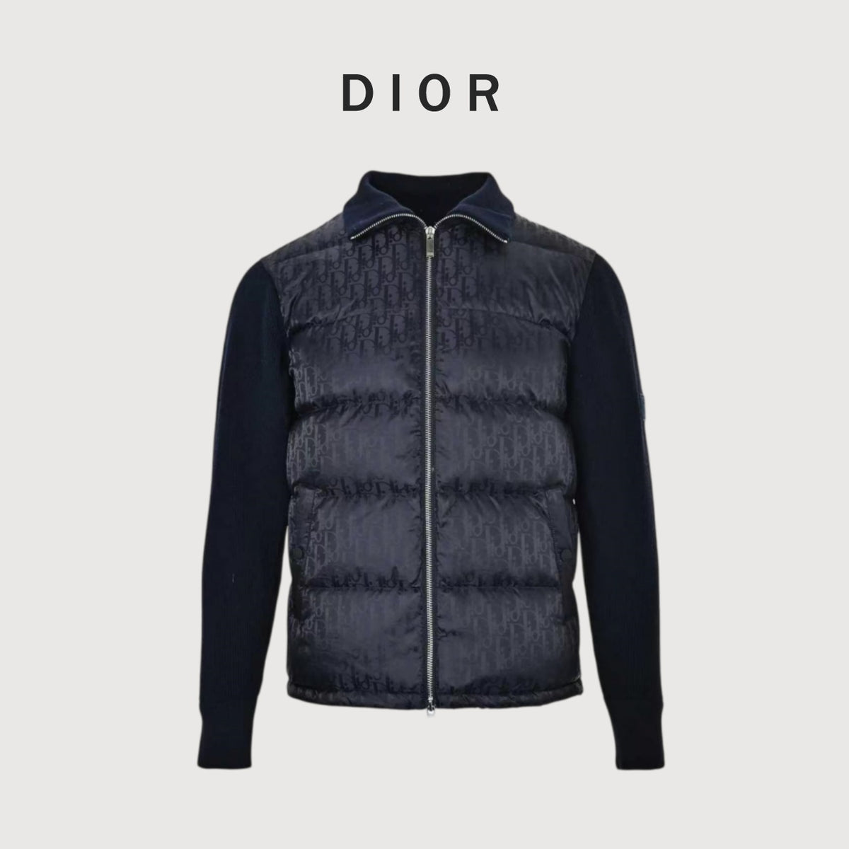 Dior Monogram Knit-Panel Stand-Collar Down Jacket