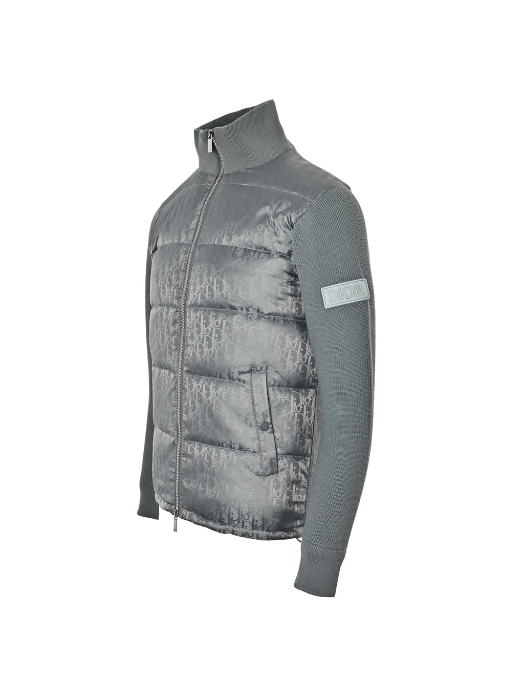 Dior Gray Monogram Knit-Panel Stand-Collar Down Jacket