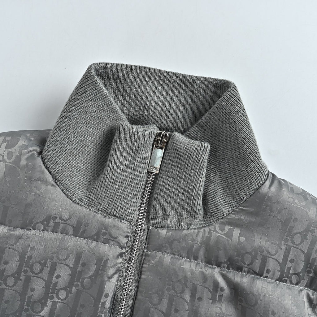 Dior Gray Monogram Knit-Panel Stand-Collar Down Jacket