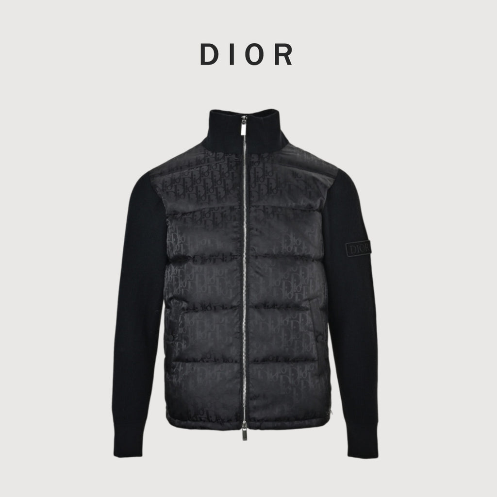 Dior Black Monogram Knit-Panel Stand-Collar Down Jacket