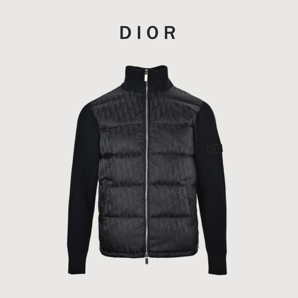 Dior Black Monogram Knit-Panel Stand-Collar Down Jacket