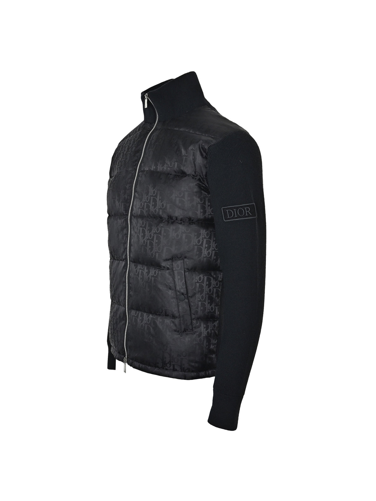 Dior Black Monogram Knit-Panel Stand-Collar Down Jacket