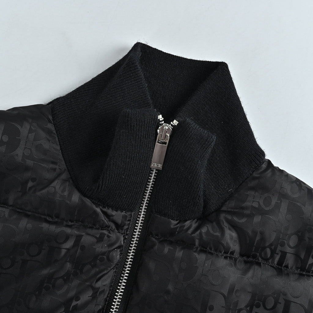 Dior Black Monogram Knit-Panel Stand-Collar Down Jacket