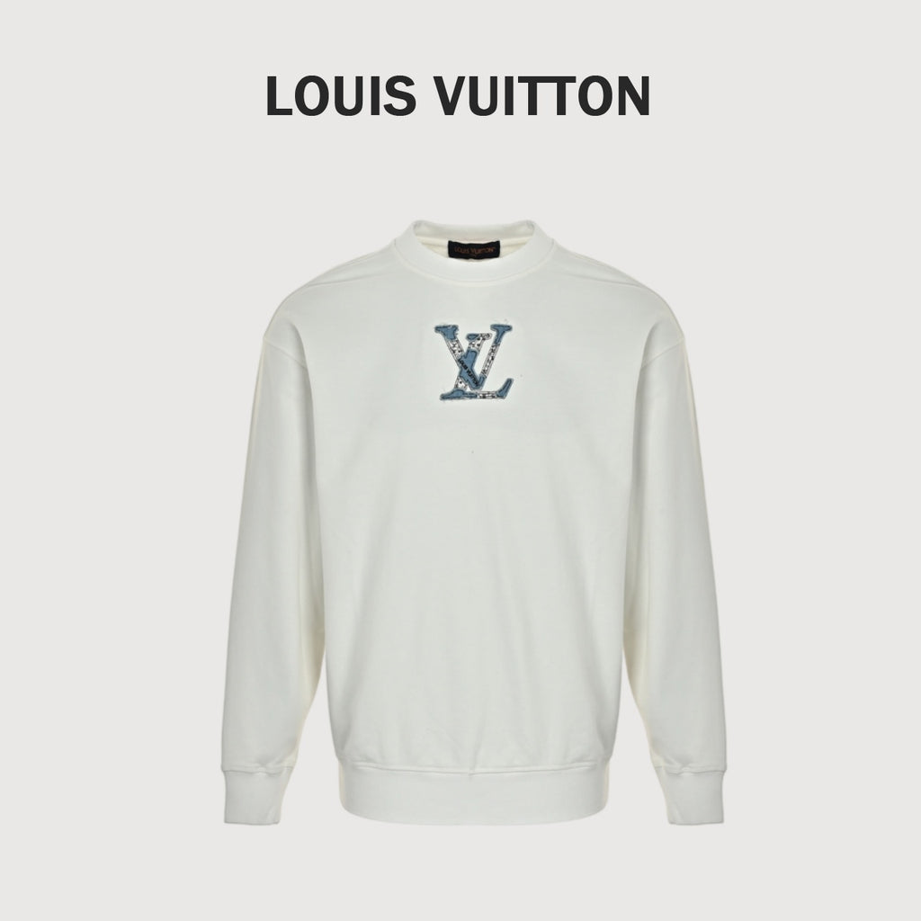 Louis Vuitton White Denim Appliqué Embroidered Crewneck Sweatshirt
