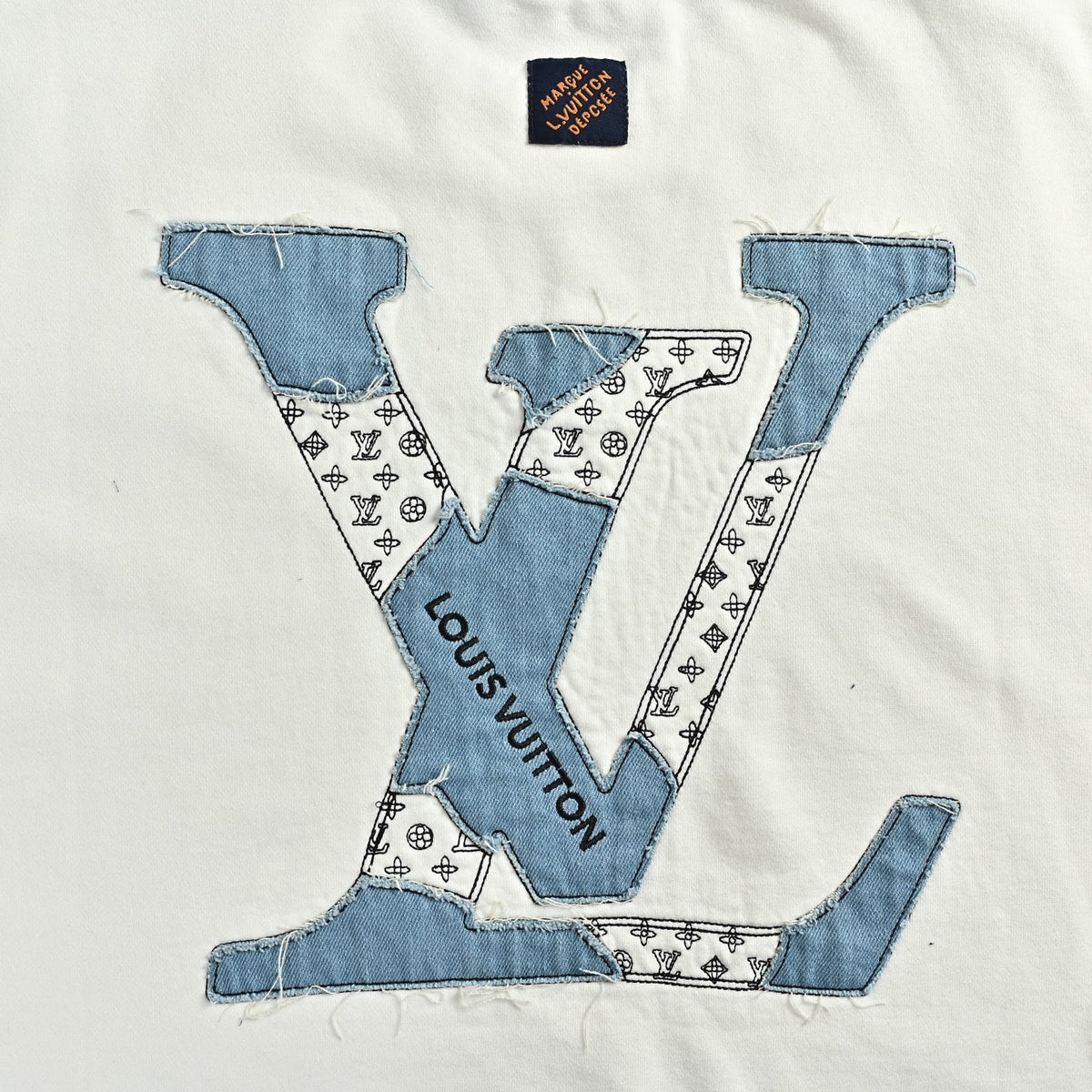 Louis Vuitton White Denim Appliqué Embroidered Crewneck Sweatshirt