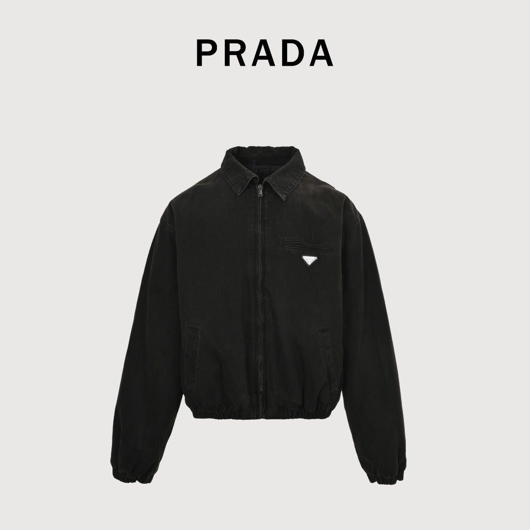 Prada Black Triangle-Logo Washed Denim Padded Jacket