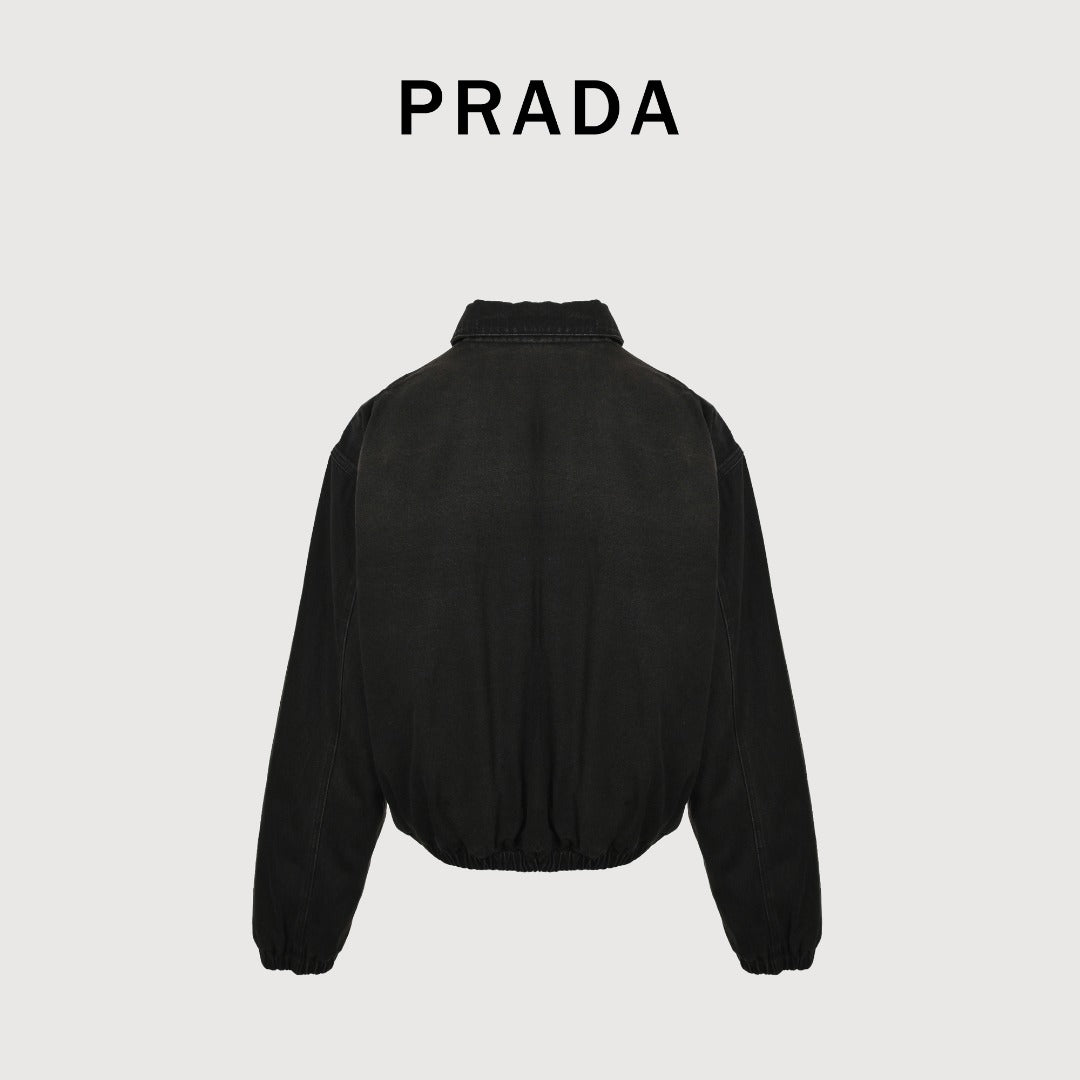 Prada Black Triangle-Logo Washed Denim Padded Jacket