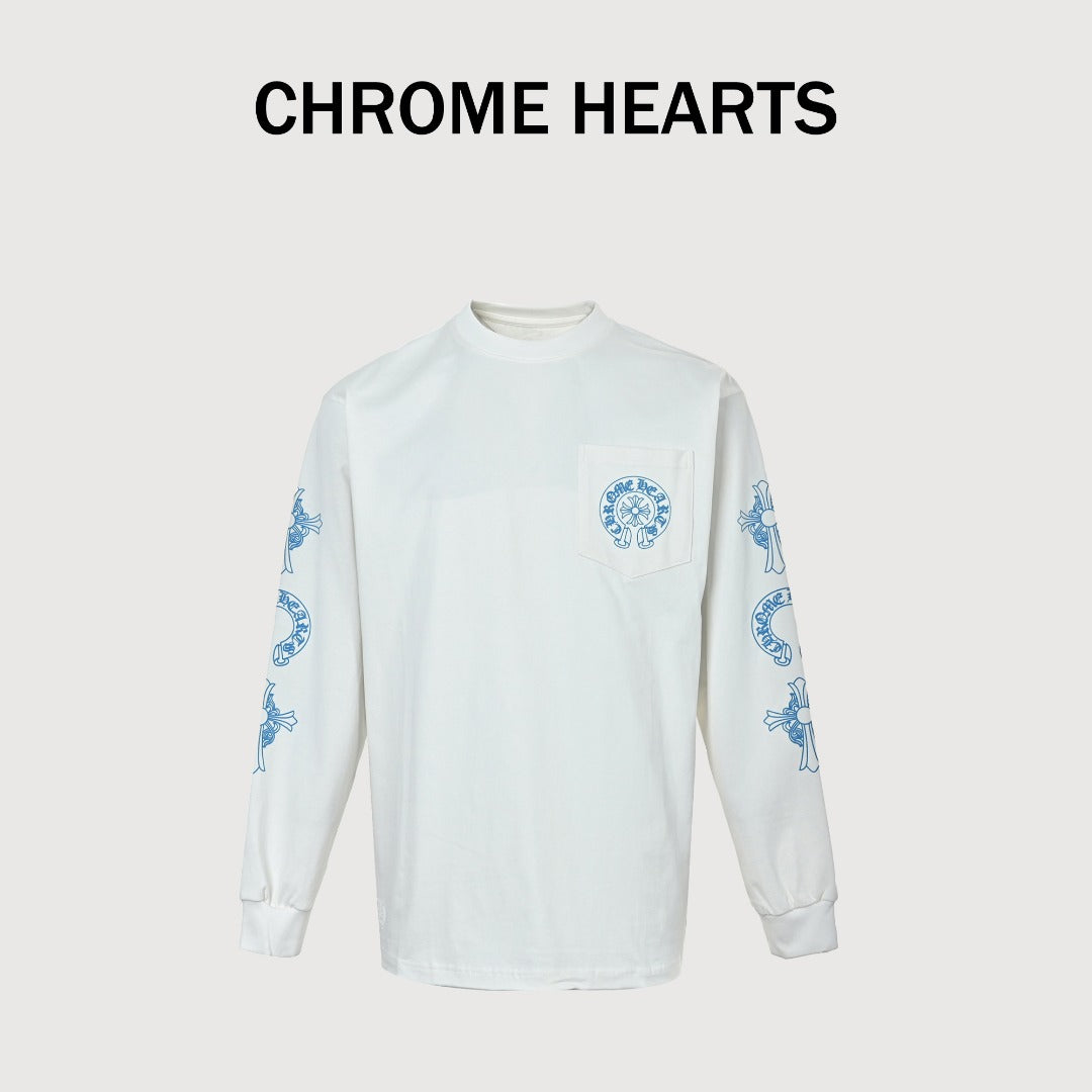 Chrome Hearts White & Blue Triple Cross Print Long-Sleeve T-Shirt