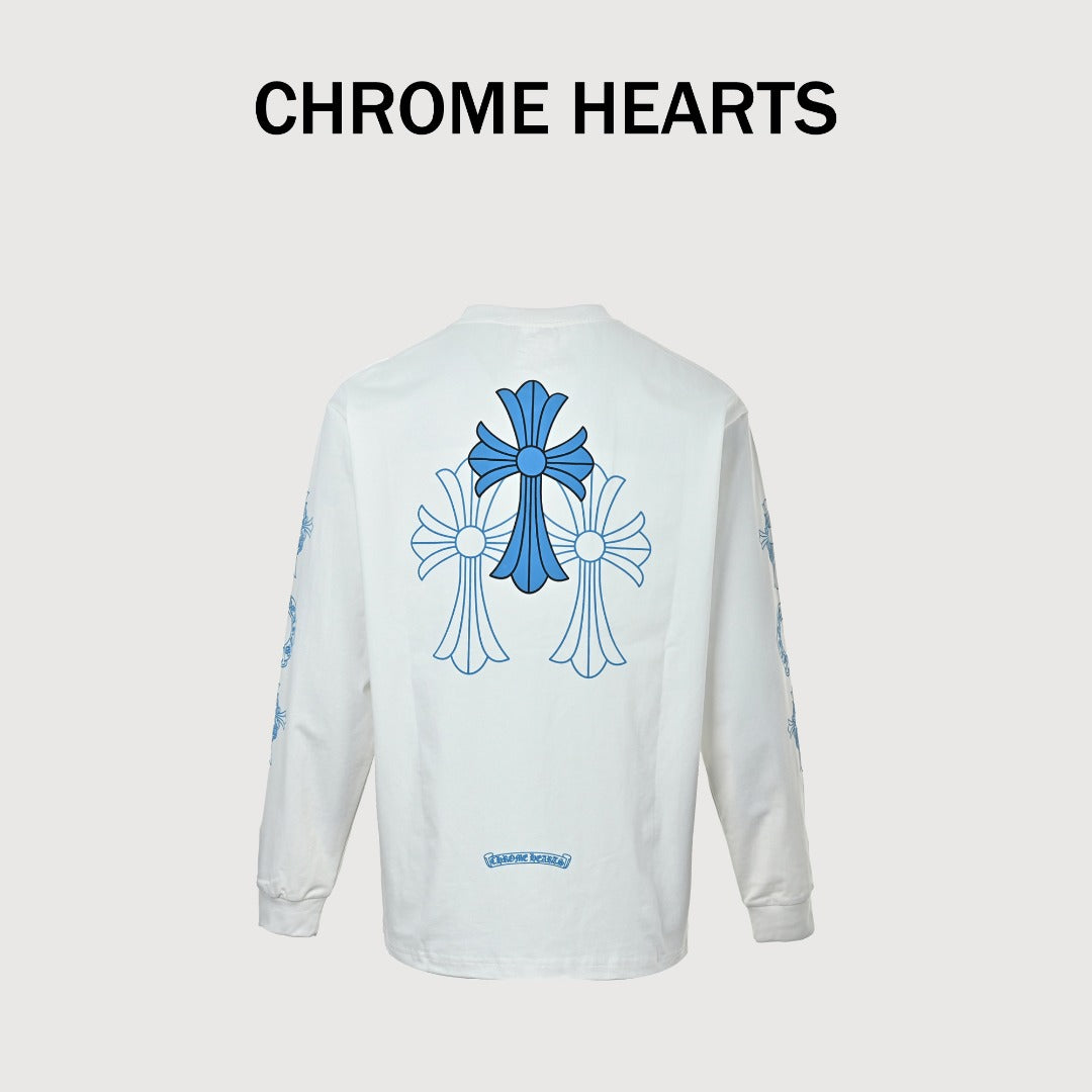 Chrome Hearts White & Blue Triple Cross Print Long-Sleeve T-Shirt
