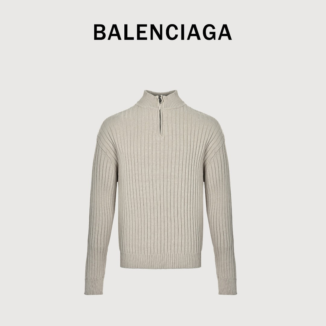 Balenciaga Light Beige Ribbed Half-Zip Mock-Neck Sweater