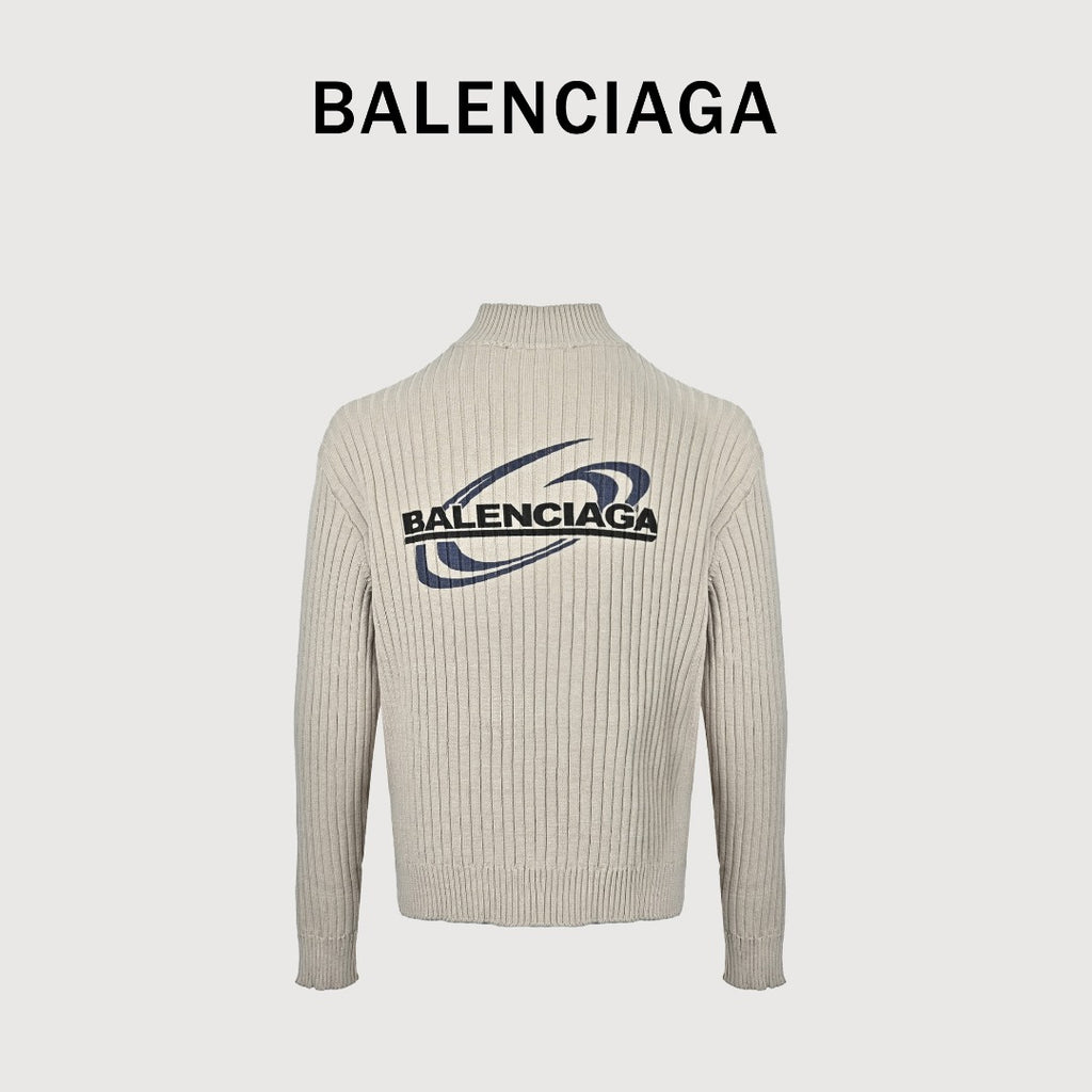 Balenciaga Light Beige Ribbed Half-Zip Mock-Neck Sweater