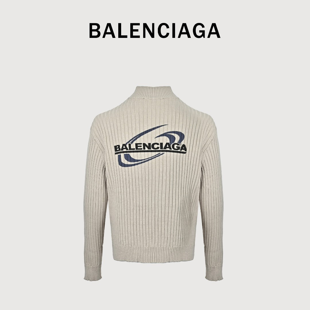 Balenciaga Light Beige Ribbed Half-Zip Mock-Neck Sweater