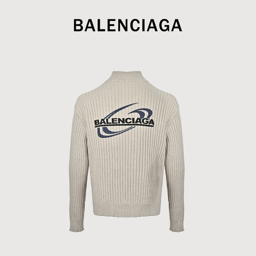 Balenciaga Light Beige Ribbed Half-Zip Mock-Neck Sweater