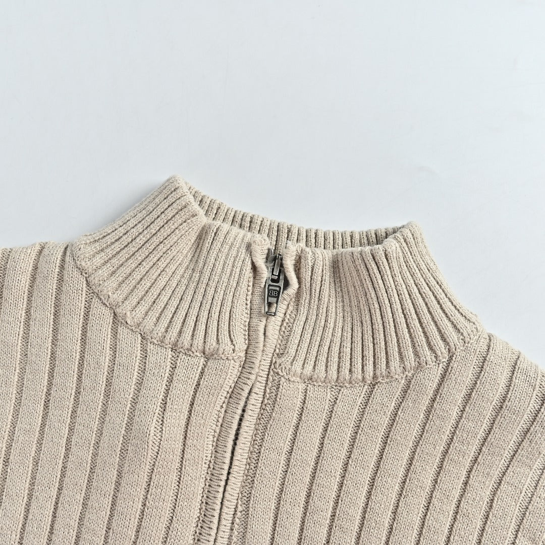 Balenciaga Light Beige Ribbed Half-Zip Mock-Neck Sweater