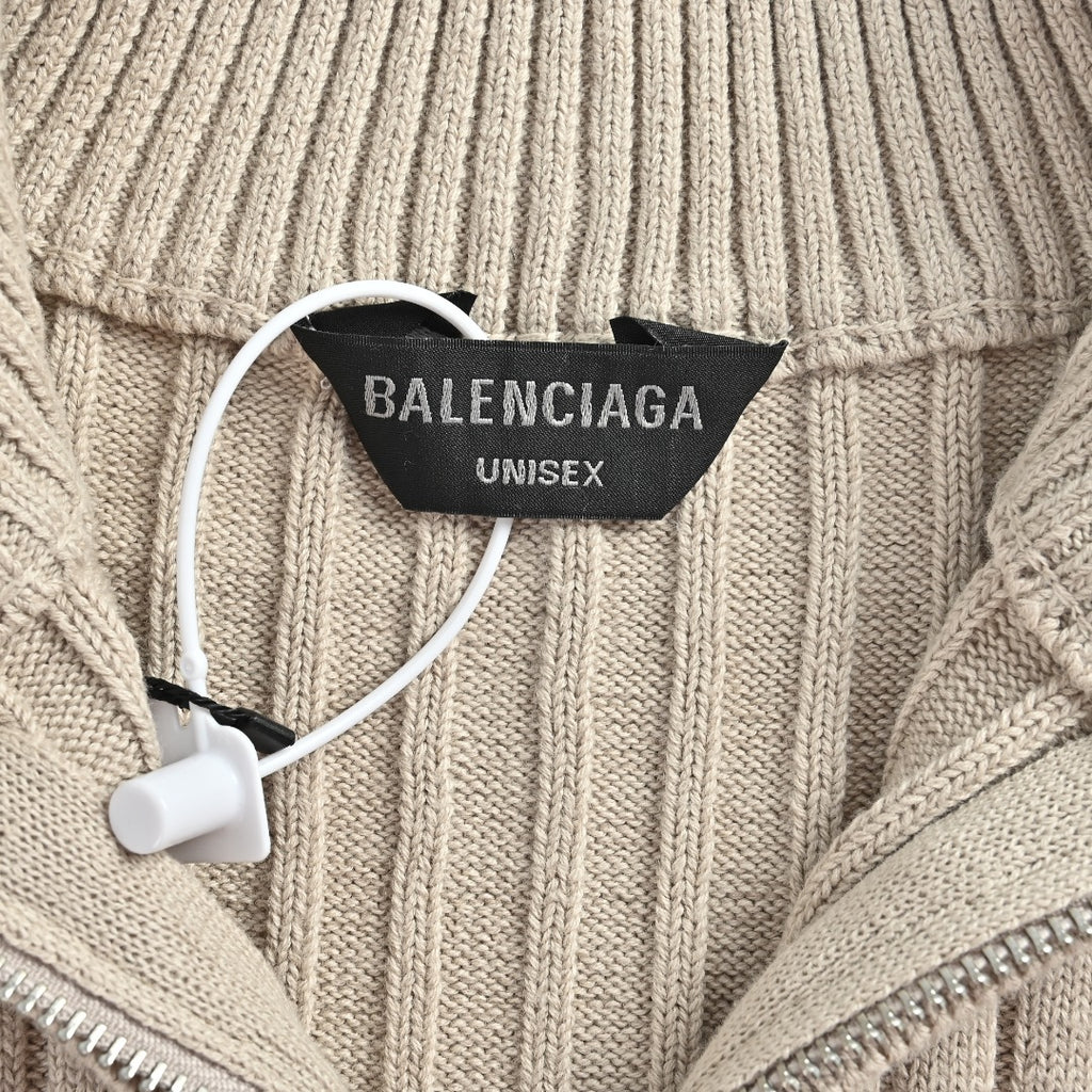 Balenciaga Light Beige Ribbed Half-Zip Mock-Neck Sweater