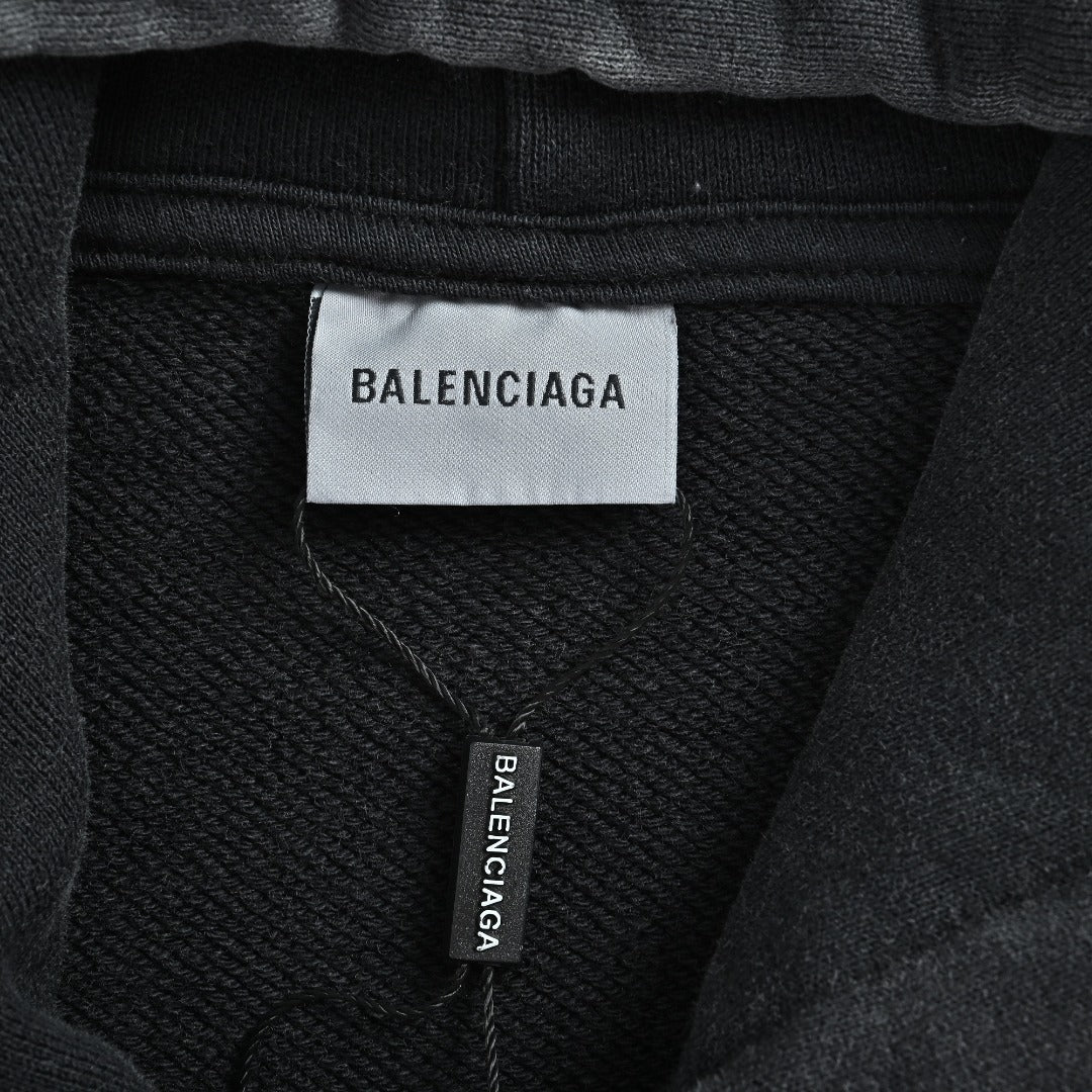 Balenciaga Washed Black Blurred Ring Logo Pullover Hoodie