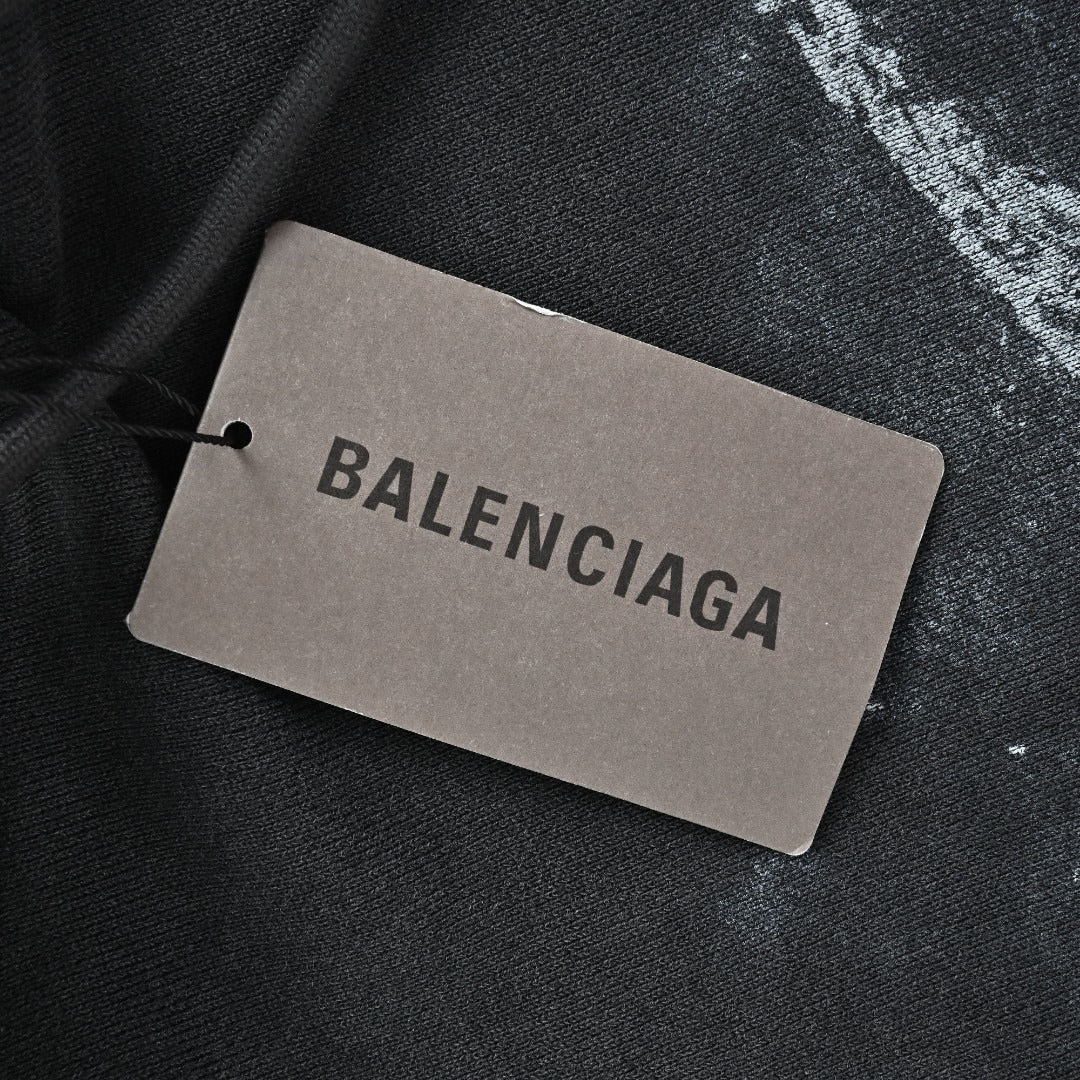 Balenciaga Washed Black Blurred Ring Logo Pullover Hoodie